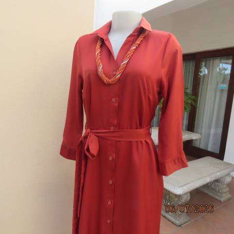 Rust colour button-down long sleeve polyester dress with open collar and fabric belt, size 34