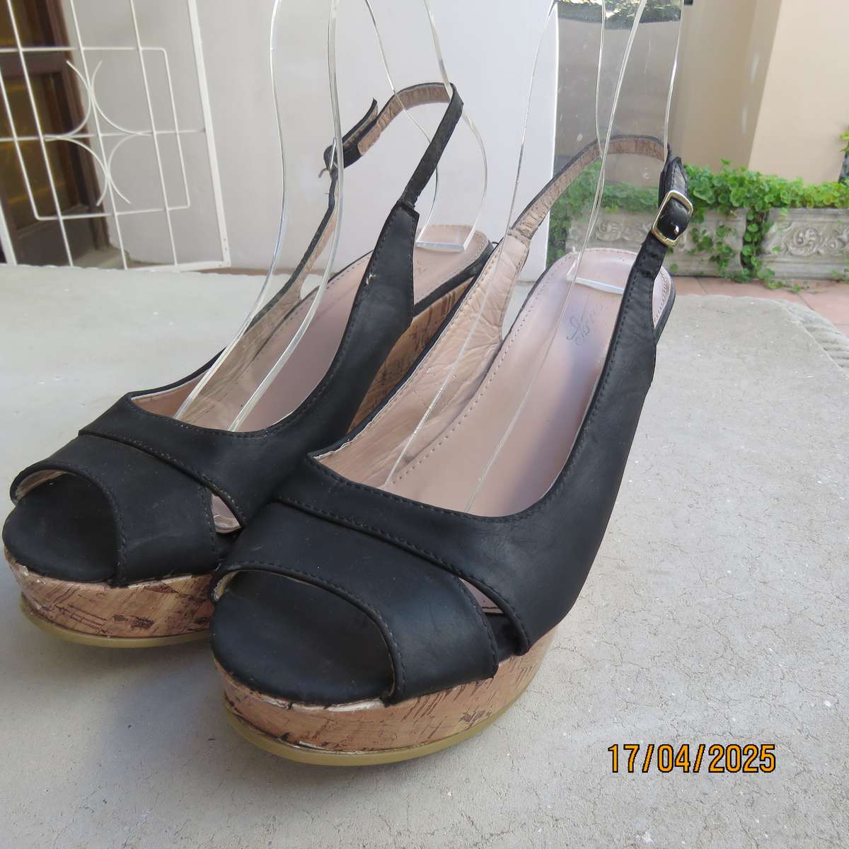 Black faux leather open toe sandals with cork wedge heels size 8. Good Cond.