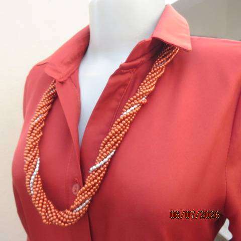 Rust colour button-down long sleeve polyester dress with open collar and fabric belt, size 34