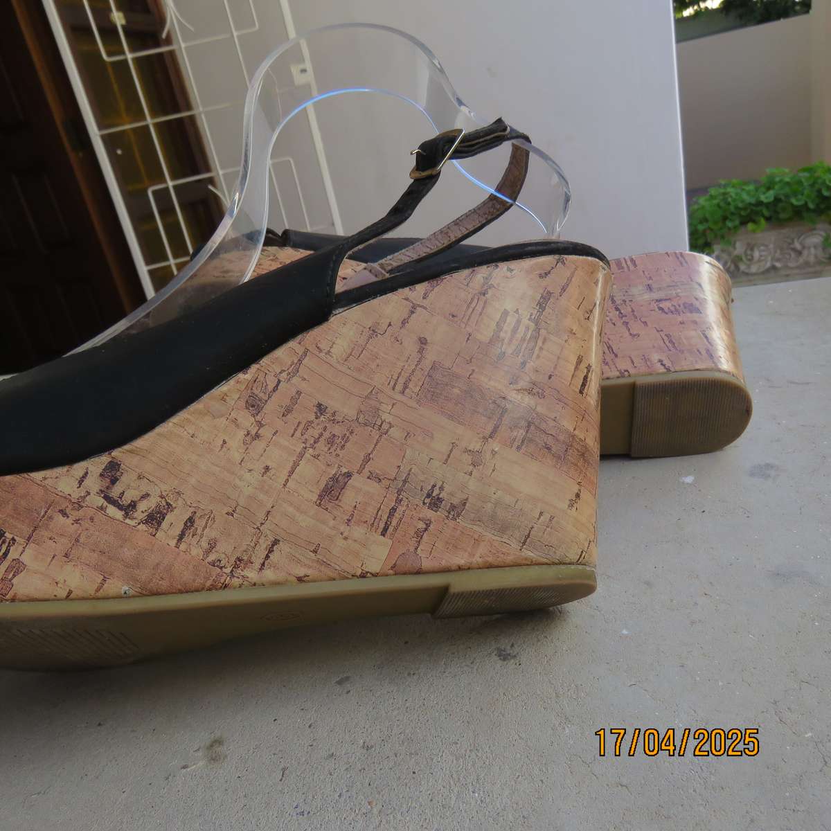 Black faux leather open toe sandals with cork wedge heels size 8. Good Cond.