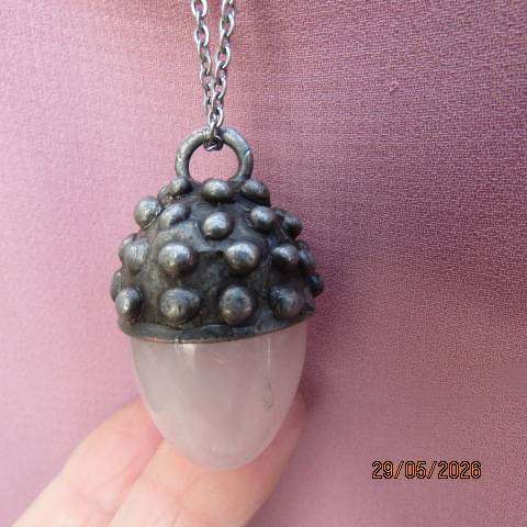 Vintage style acorn pendant necklace with rose quartz nut and silver alloy cap