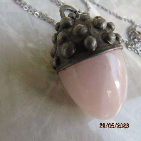 Vintage style acorn pendant necklace with rose quartz nut and silver alloy cap