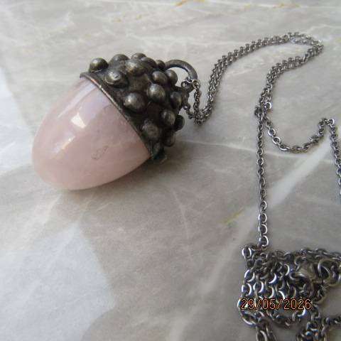 Vintage style acorn pendant necklace with rose quartz nut and silver alloy cap