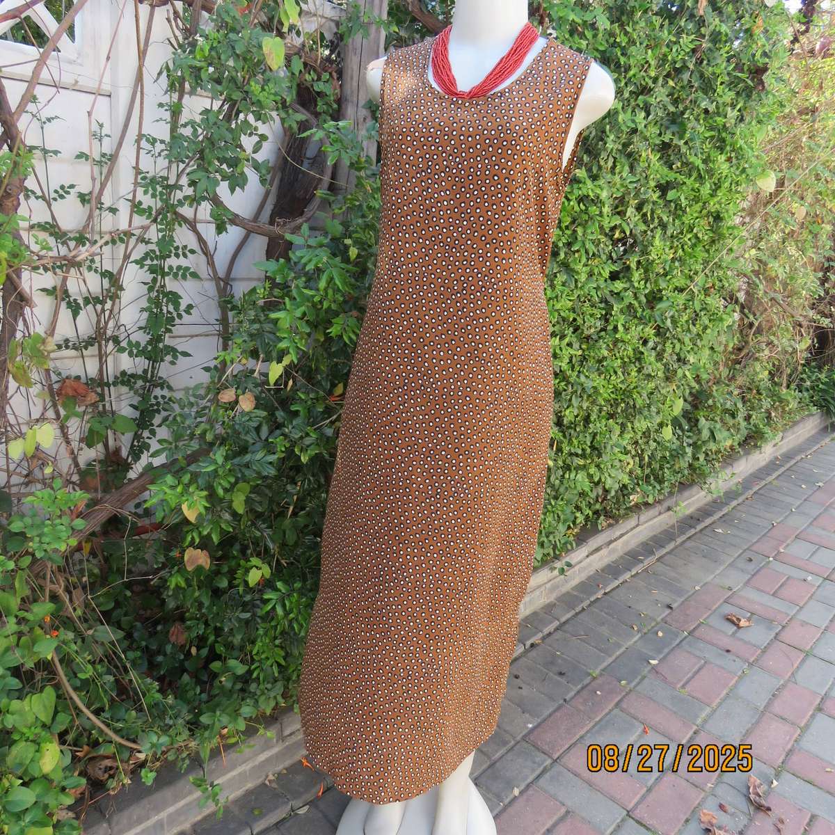 Caramel ankle length shift dress with black-white tiny circles. Size 36