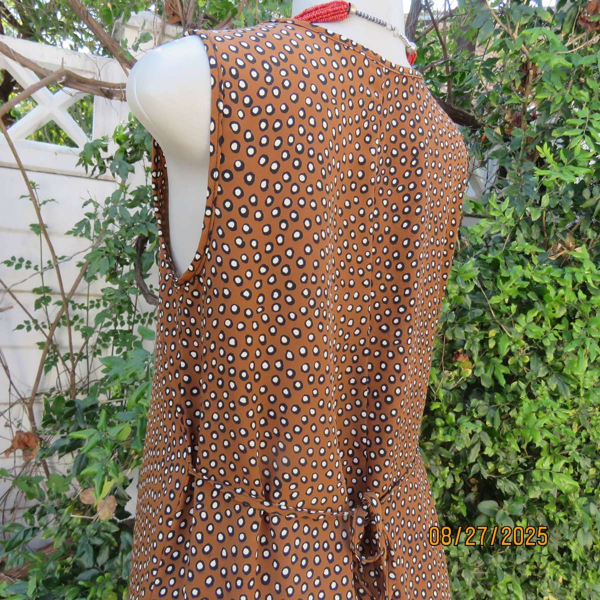 Caramel ankle length shift dress with black-white tiny circles. Size 36