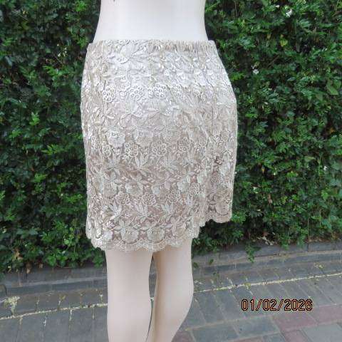 Ecru colour bridal satin boutique made mini skirt with thick polyester lace overlay. Size 36