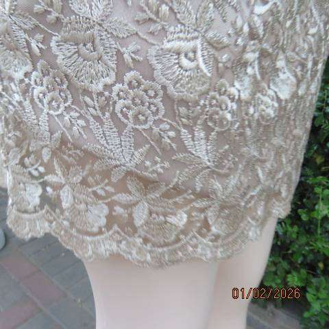Ecru colour bridal satin boutique made mini skirt with thick polyester lace overlay. Size 36