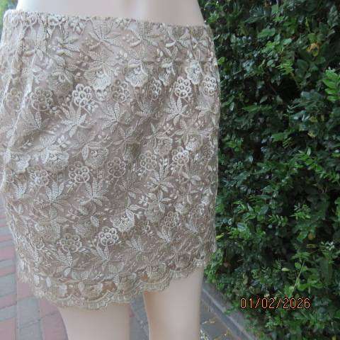 Ecru colour bridal satin boutique made mini skirt with thick polyester lace overlay. Size 36
