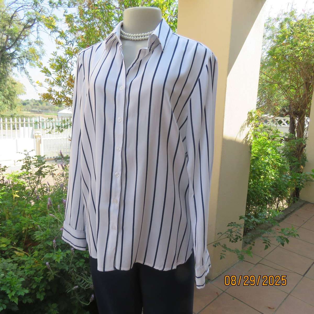 REAL Woman white viscose with navy vertical stripes long sleeve shirt. Size 40