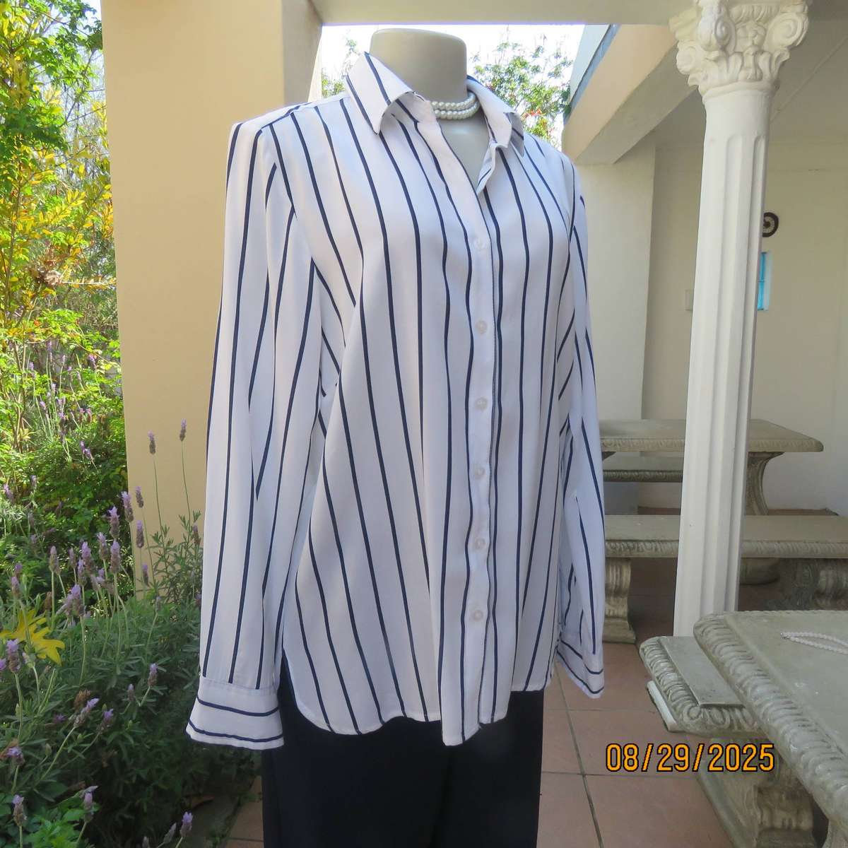 REAL Woman white viscose with navy vertical stripes long sleeve shirt. Size 40
