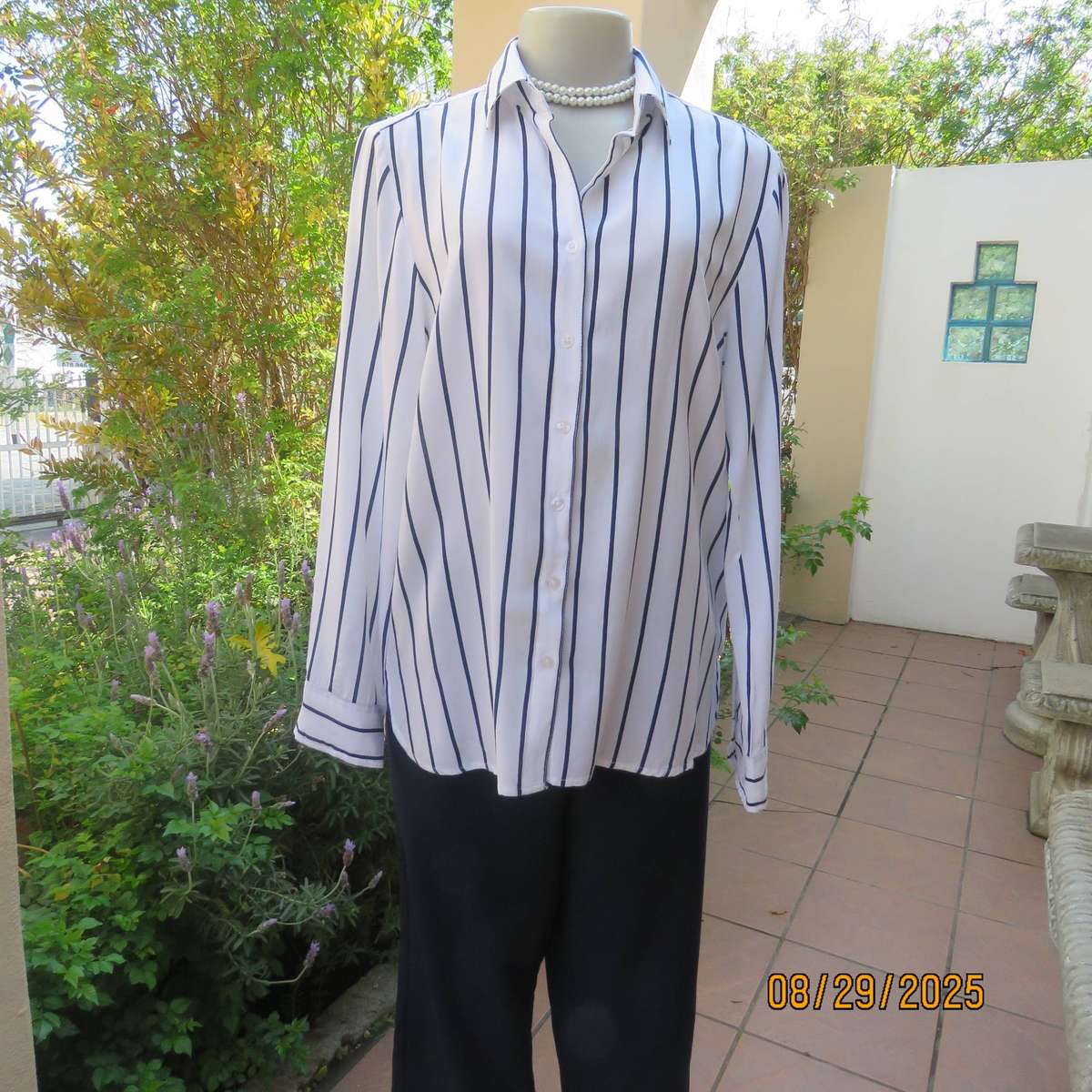 REAL Woman white viscose with navy vertical stripes long sleeve shirt. Size 40