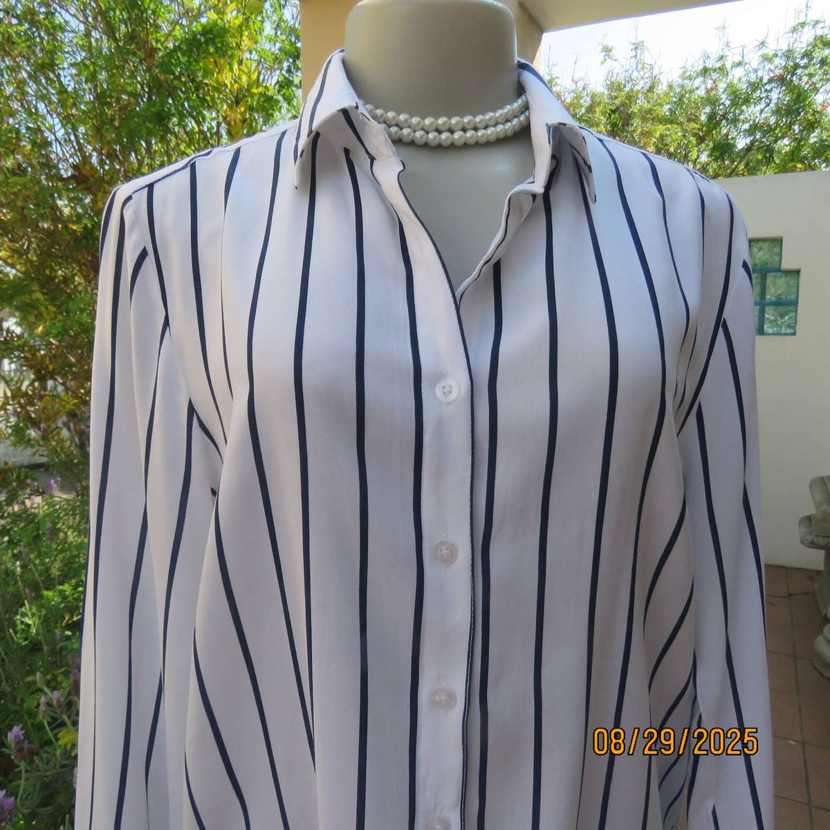 REAL Woman white viscose with navy vertical stripes long sleeve shirt. Size 40