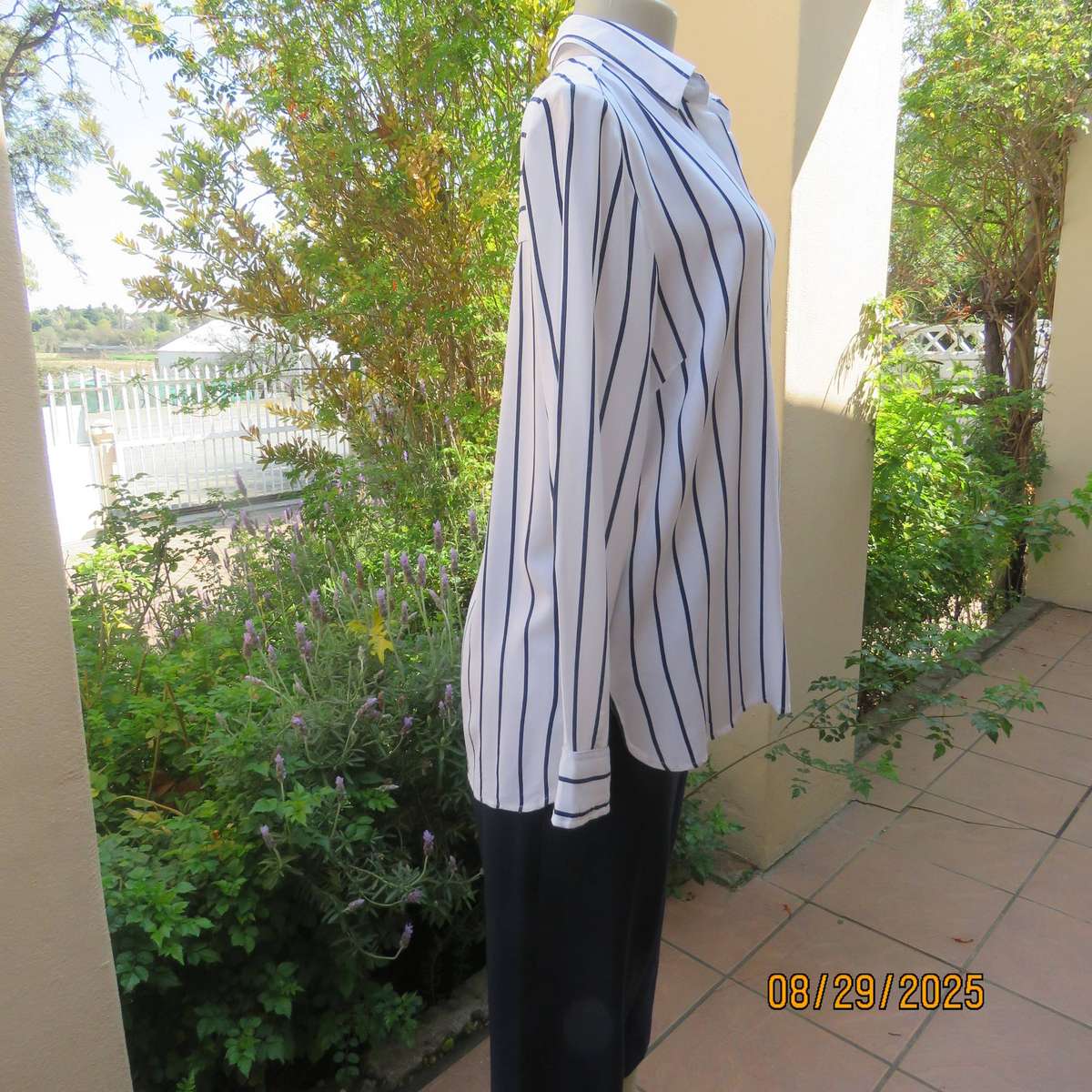 REAL Woman white viscose with navy vertical stripes long sleeve shirt. Size 40