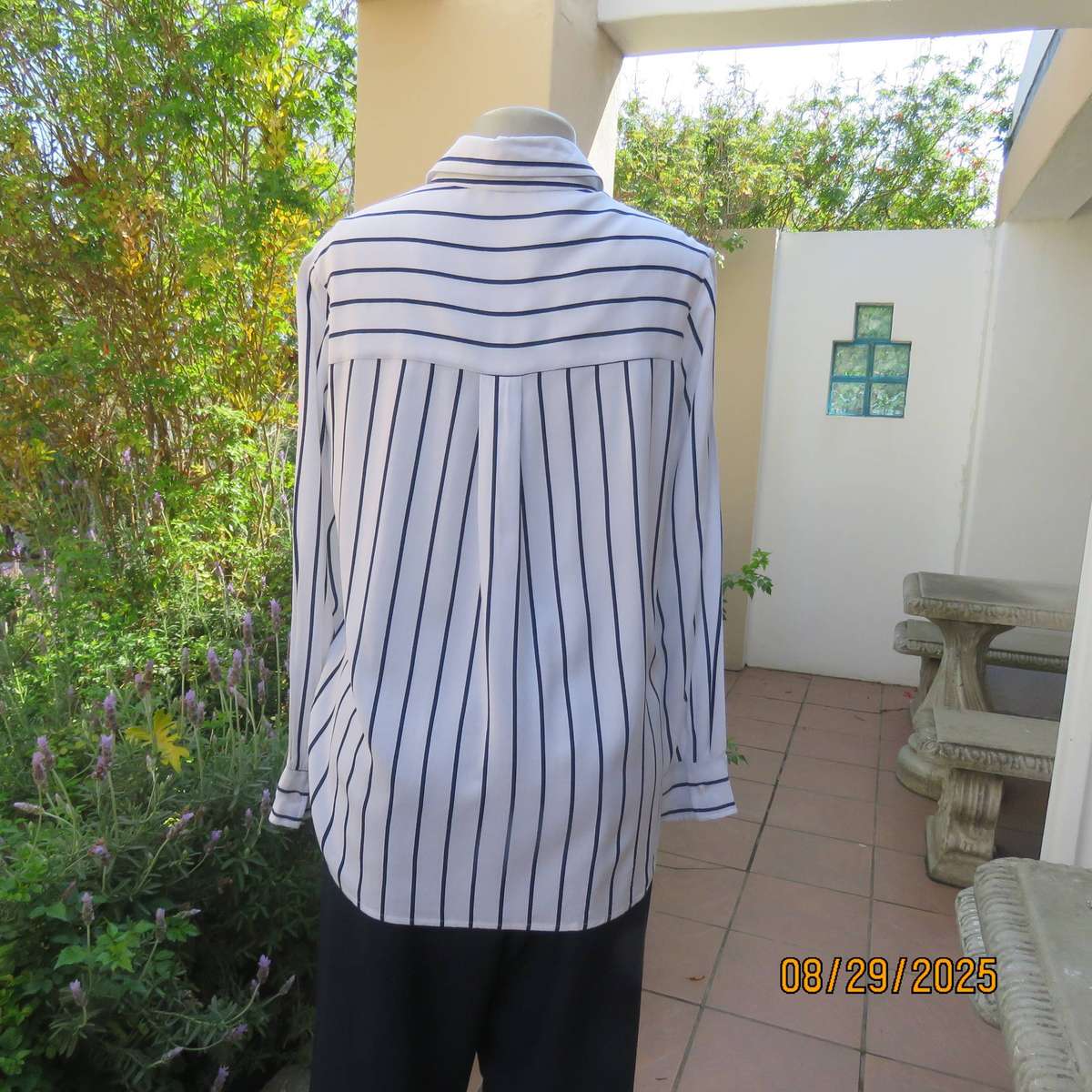 REAL Woman white viscose with navy vertical stripes long sleeve shirt. Size 40