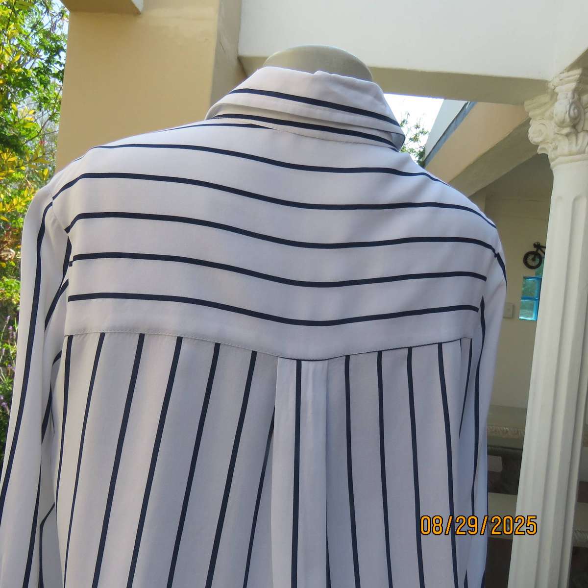 REAL Woman white viscose with navy vertical stripes long sleeve shirt. Size 40