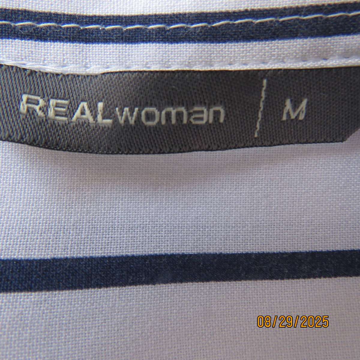 REAL Woman white viscose with navy vertical stripes long sleeve shirt. Size 40