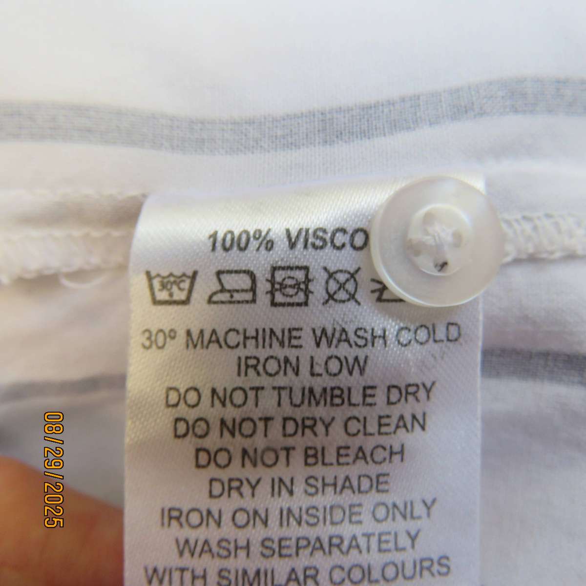 REAL Woman white viscose with navy vertical stripes long sleeve shirt. Size 40