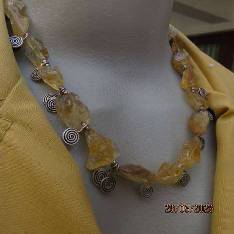 CITRINE necklace with raw rough-cut gemstones, decorative charms & silver spacers