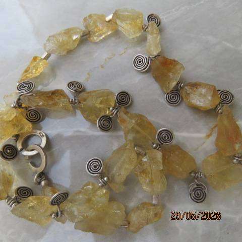 CITRINE necklace with raw rough-cut gemstones, decorative charms & silver spacers