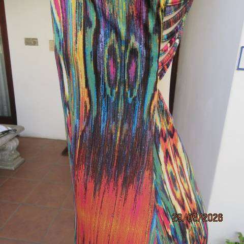 Bo-Ho maxi dress with vertical colour patterns and low backline, size 36