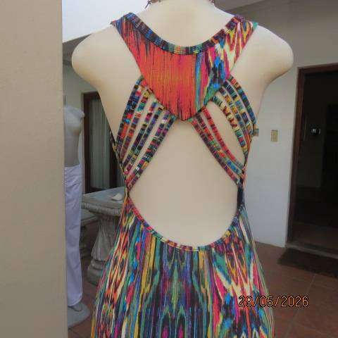 Bo-Ho maxi dress with vertical colour patterns and low backline, size 36