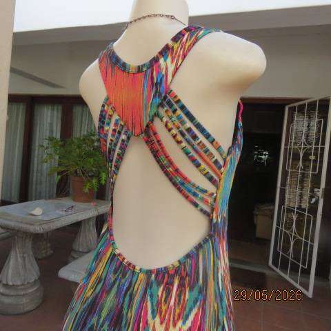 Bo-Ho maxi dress with vertical colour patterns and low backline, size 36