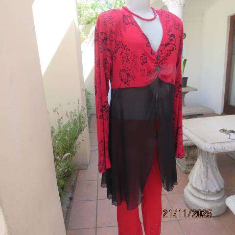 Red long sleeve with black floral print with long sheer black bottom. Size 42-44