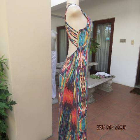 Bo-Ho maxi dress with vertical colour patterns and low backline, size 36