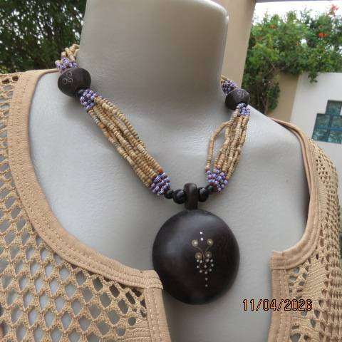 Ethnic style wooden and bead choker with blue-red accents