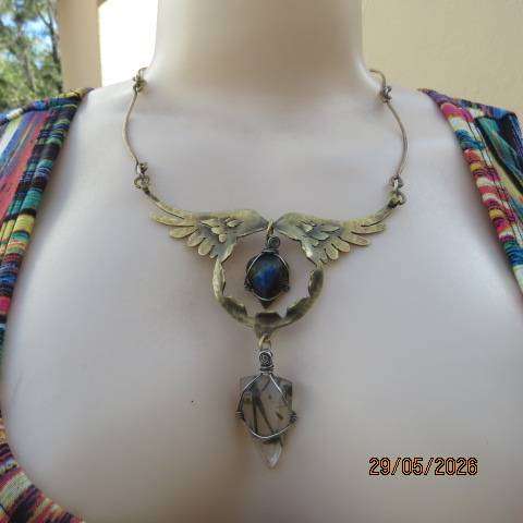 Handcrafted boho guardian angel necklace with central stone and pointed hanging stone