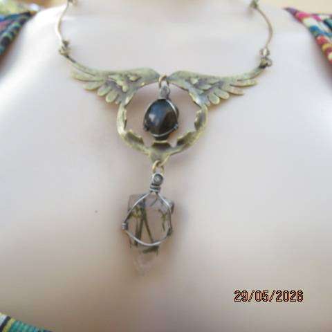 Handcrafted boho guardian angel necklace with central stone and pointed hanging stone