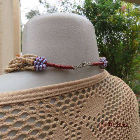 Ethnic style wooden and bead choker with blue-red accents