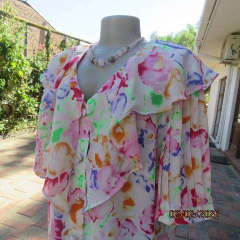 FOSHINI feminine colourful white-red-blue-orange-green polyester top. Pleated short sleeves. Size 42