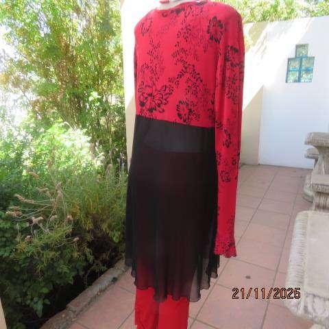 Red long sleeve with black floral print with long sheer black bottom. Size 42-44