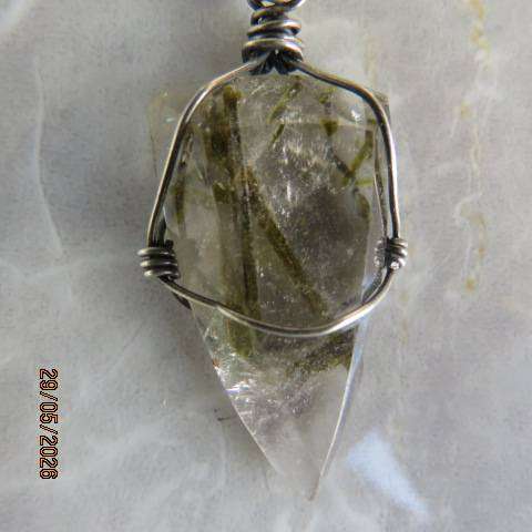 Handcrafted boho guardian angel necklace with central stone and pointed hanging stone