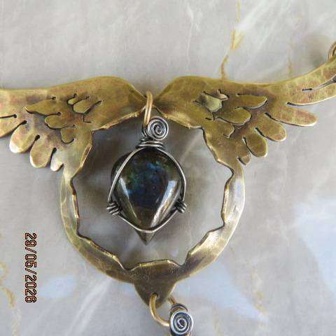 Handcrafted boho guardian angel necklace with central stone and pointed hanging stone