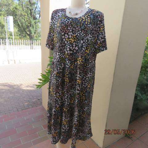 OR black floral print in pink and yellow soft stretch polyester tiered dress size 40