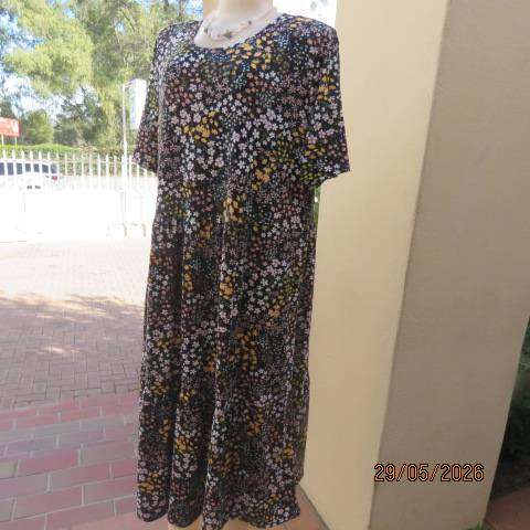 OR black floral print in pink and yellow soft stretch polyester tiered dress size 40