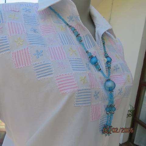ST MARK'S white 100% cotton short sleeve shirt with square appliques - embroidery on front. Size 40