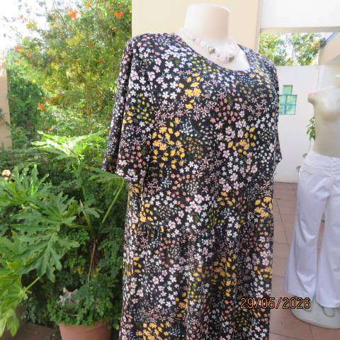 OR black floral print in pink and yellow soft stretch polyester tiered dress size 40