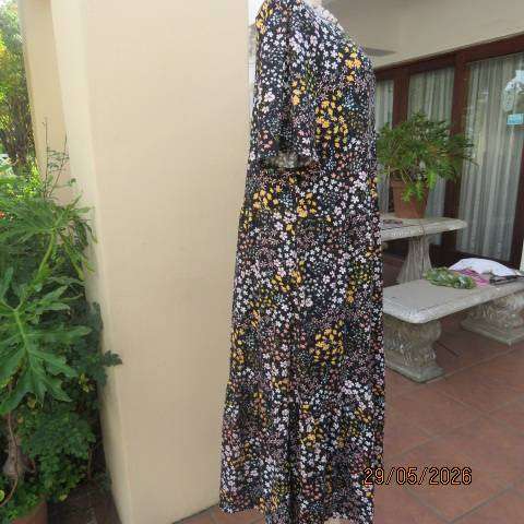 OR black floral print in pink and yellow soft stretch polyester tiered dress size 40