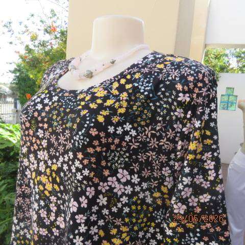 OR black floral print in pink and yellow soft stretch polyester tiered dress size 40