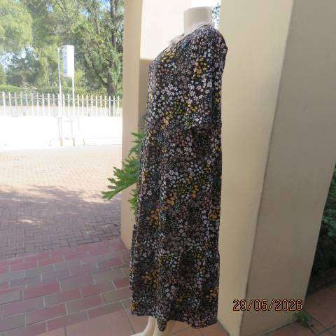 OR black floral print in pink and yellow soft stretch polyester tiered dress size 40