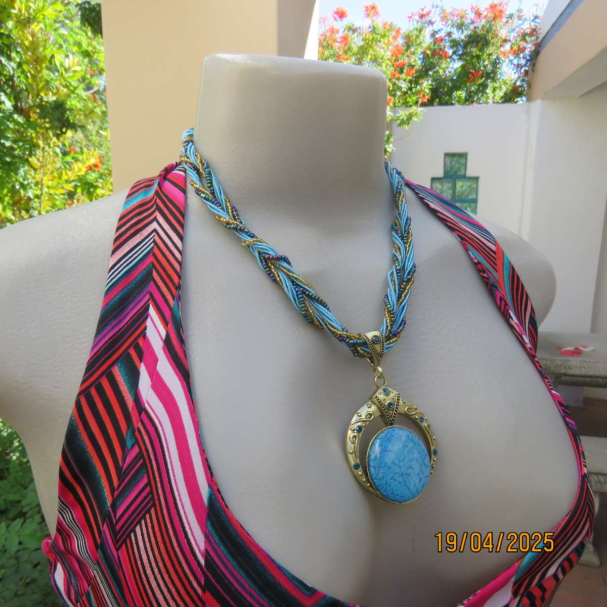 Smart turquoise stone on gold base pendant hang on cord and bead strap. New