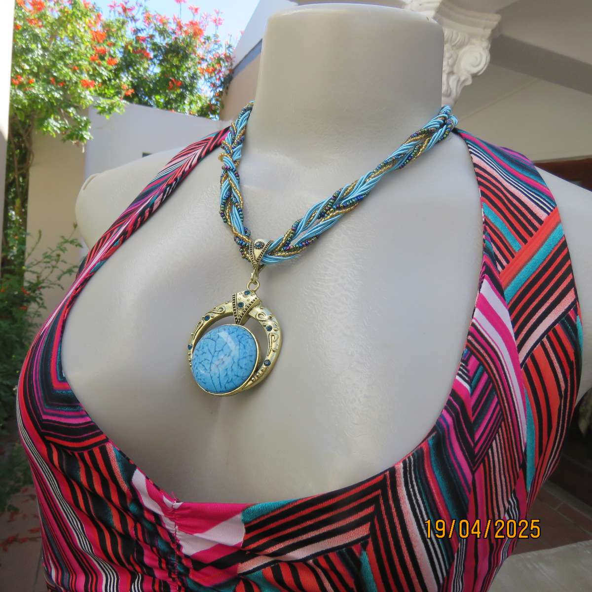 Smart turquoise stone on gold base pendant hang on cord and bead strap. New