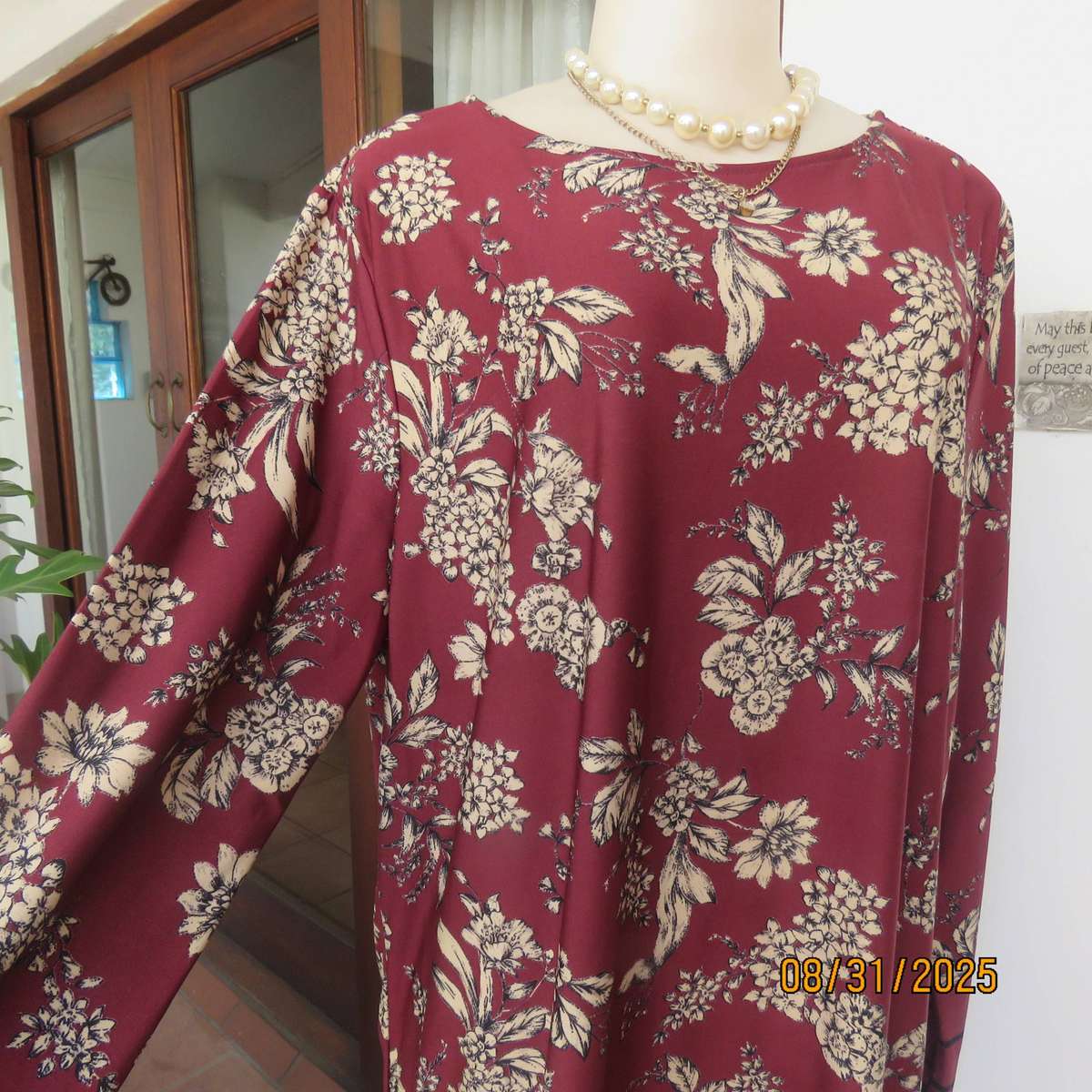 REAL Woman shift dress-long top in maroon-cream floral stretch polyester. Size 42