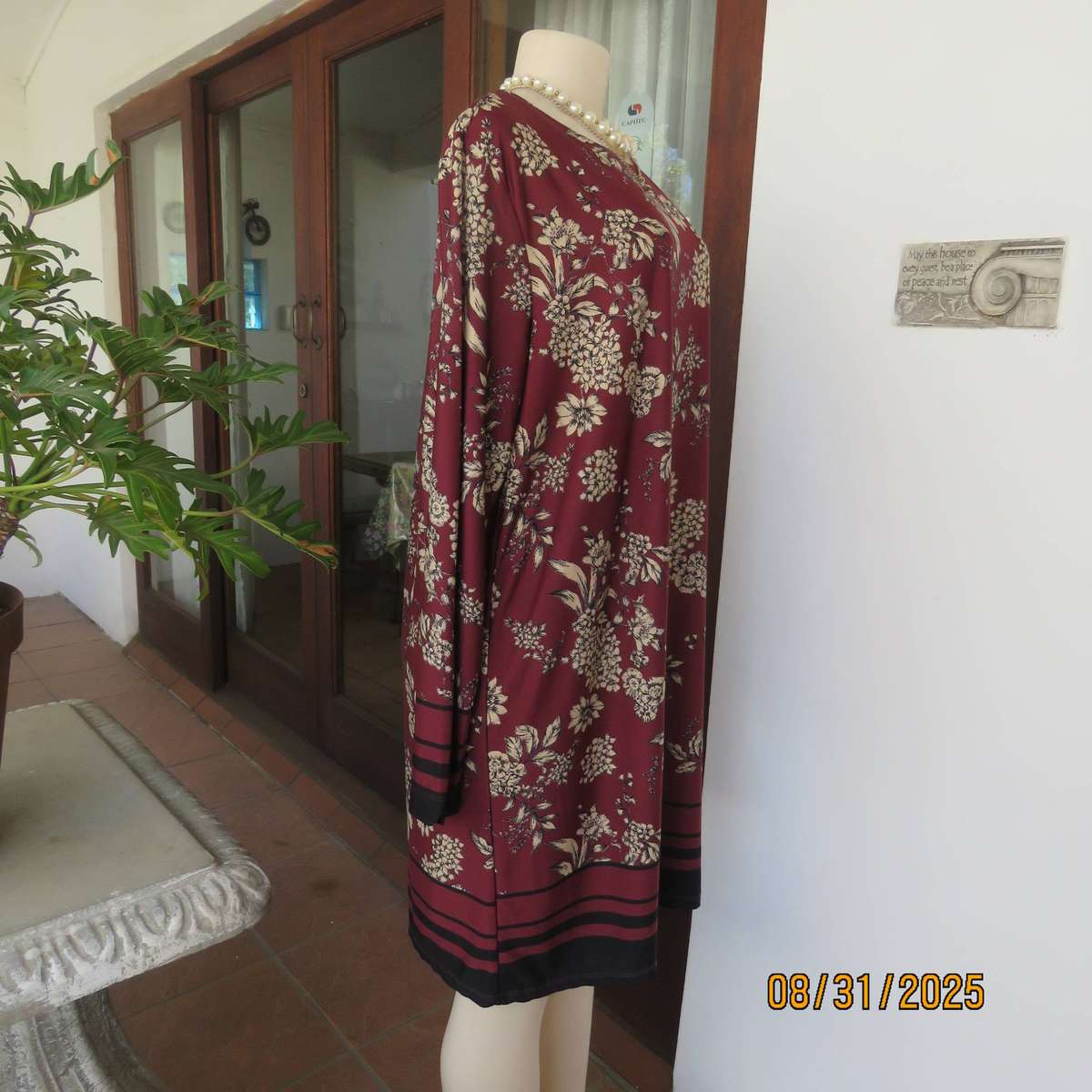 REAL Woman shift dress-long top in maroon-cream floral stretch polyester. Size 42