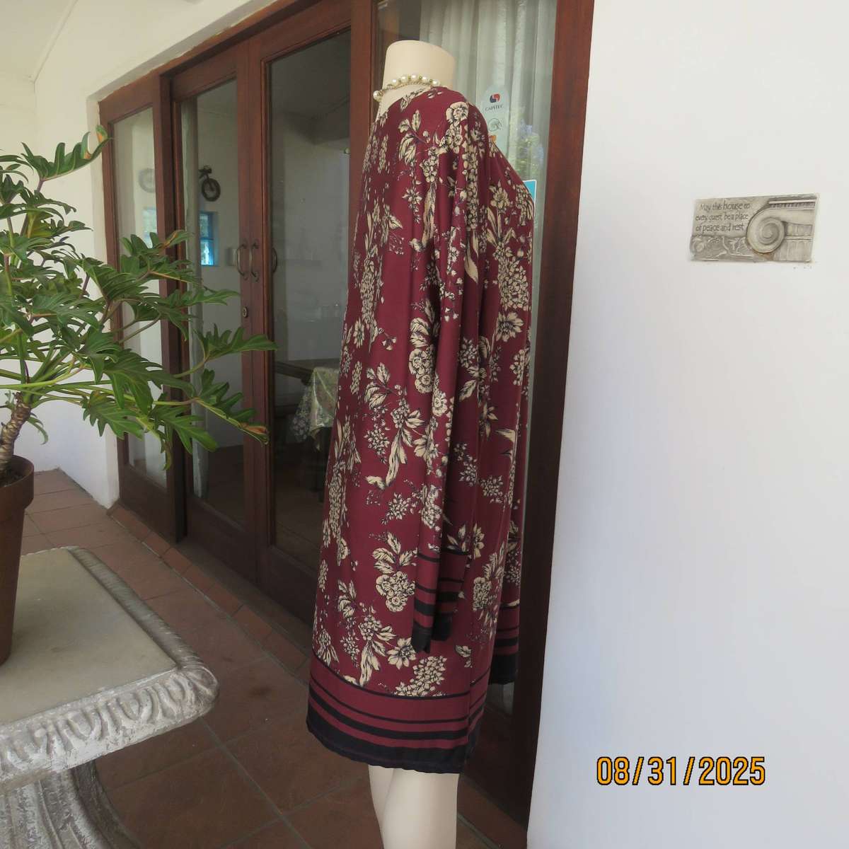 REAL Woman shift dress-long top in maroon-cream floral stretch polyester. Size 42