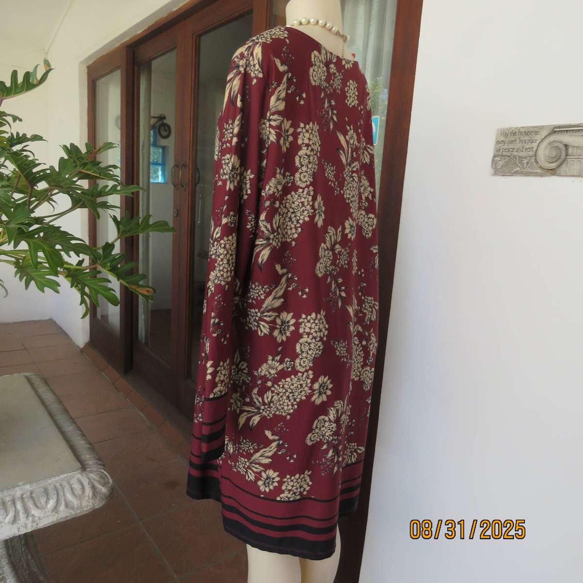 REAL Woman shift dress-long top in maroon-cream floral stretch polyester. Size 42