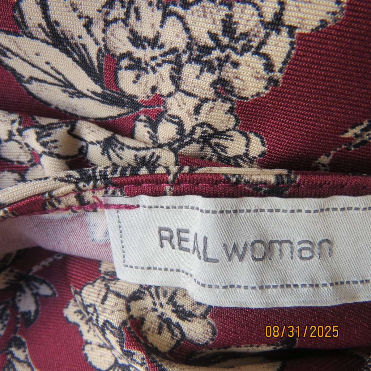 REAL Woman shift dress-long top in maroon-cream floral stretch polyester. Size 42